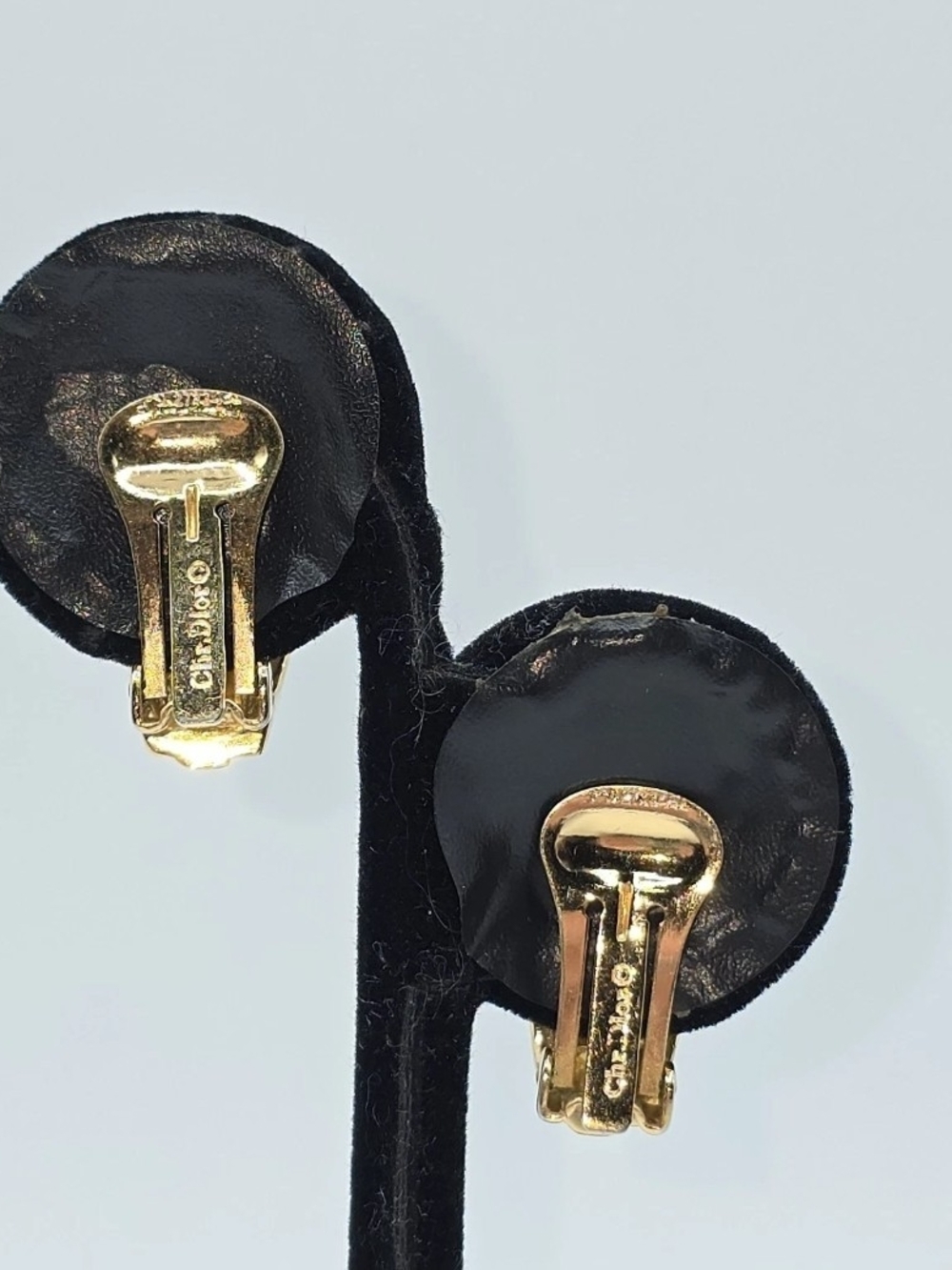 VTG Dior Gold Tone Black Enamel Rhinestone Clip Earrings Half Hoop Signed - Picture 2 of 16